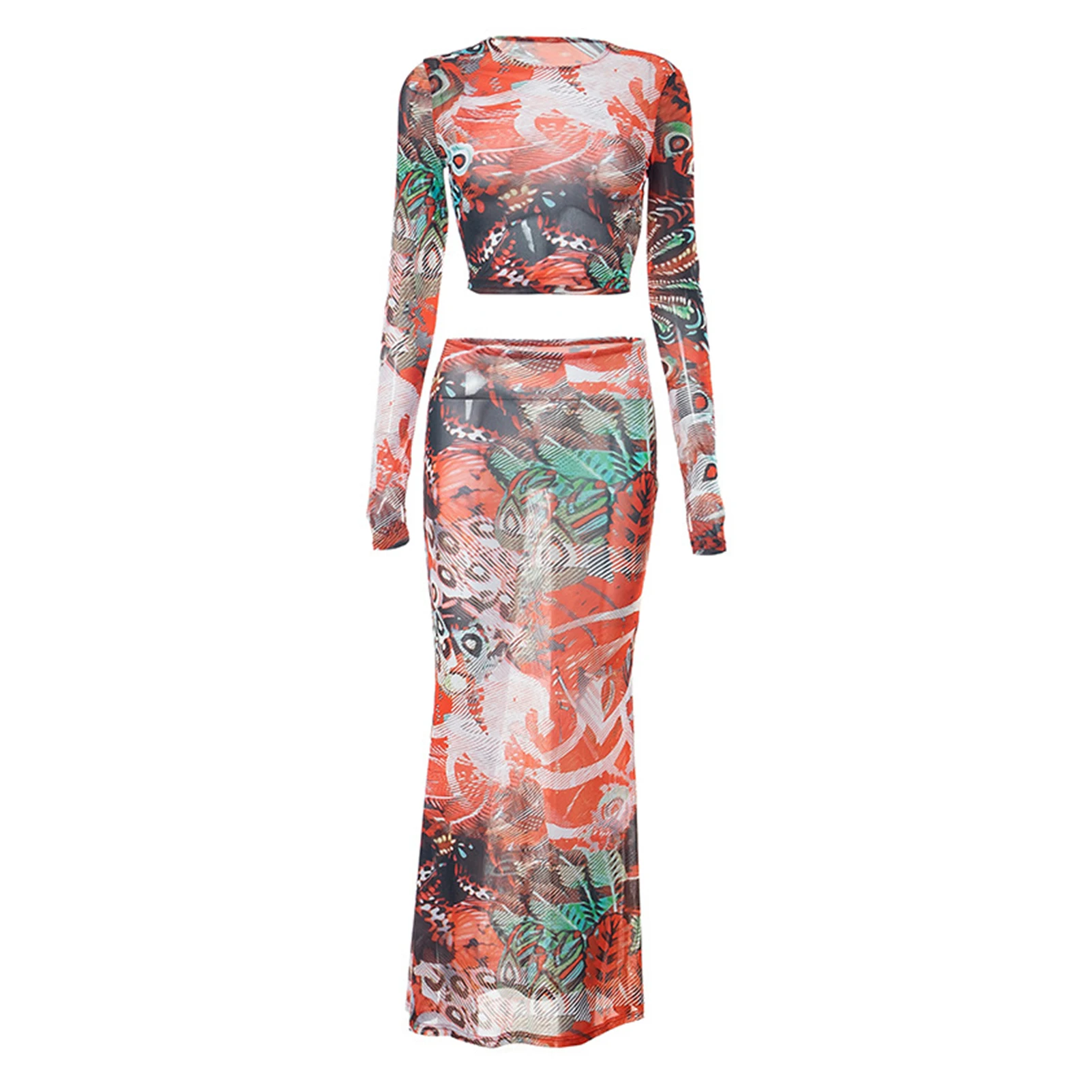 

Women Summer Sexy Skirt Set Printed Mesh Long Skirt and Cropped Set 2 Piece Sets Long Sleeved Bodycon Vacation Beach Outfits