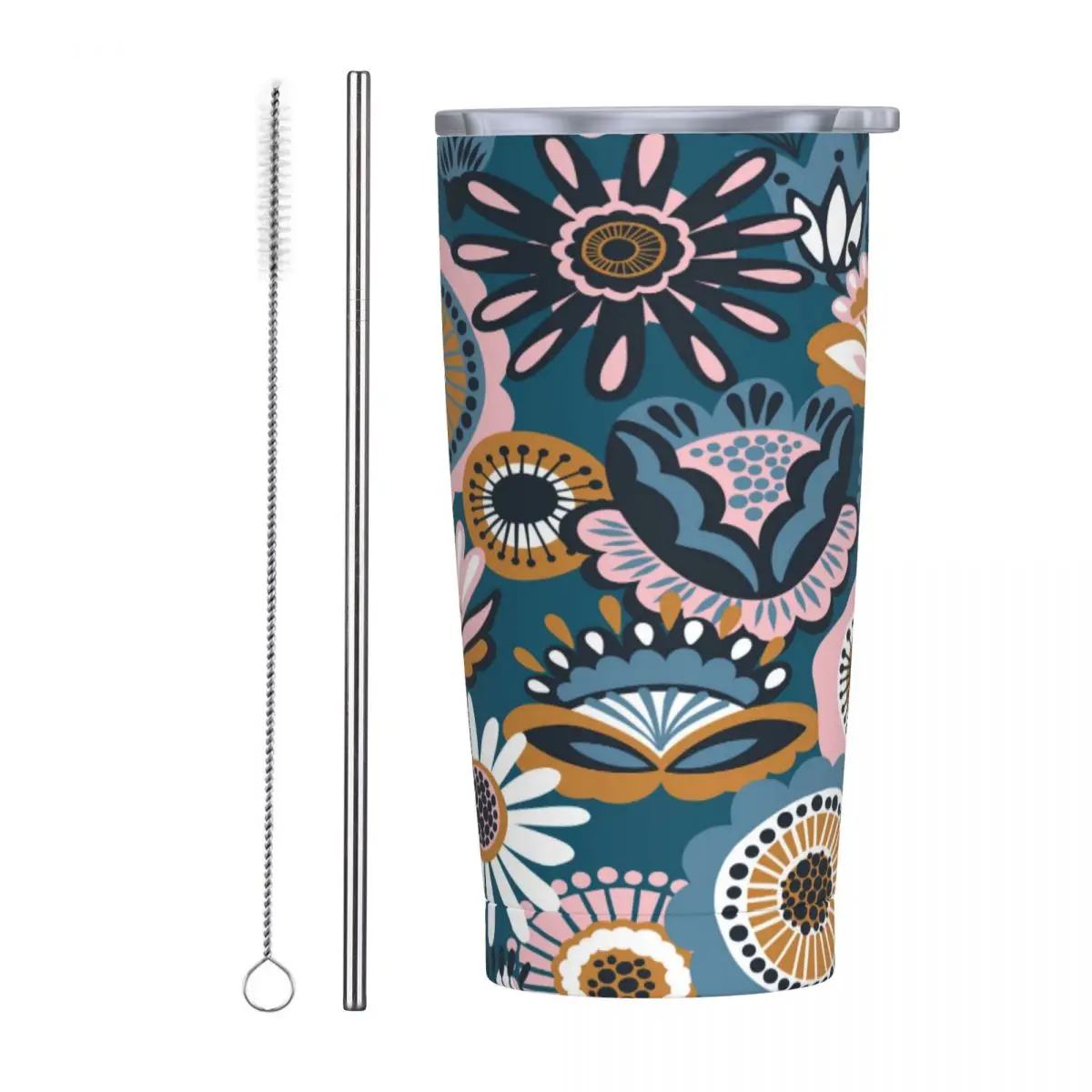 

Кофейный термос из нержавеющей стали, кружка 600 мл с фольклорным цветочным рисунком, портативная чашка, герметичный автомобильный дорожный ...