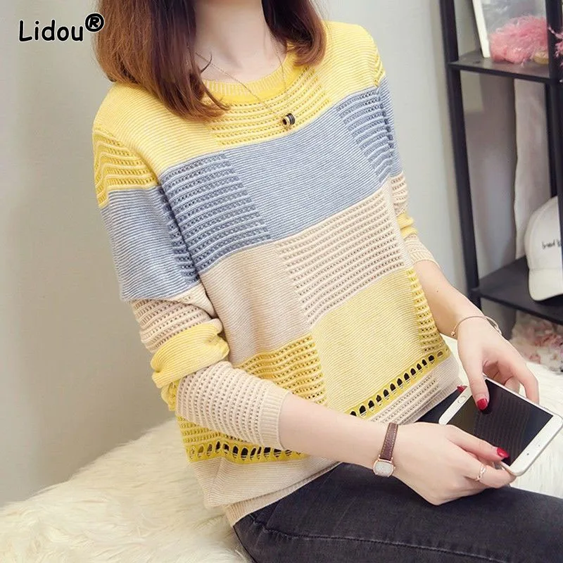 

Vintage Patchwork Spring Summer Thin Sweaters Hollow Out Slight Strech O-Neck Pullovers Loose Leisure Women's Clothing Creative