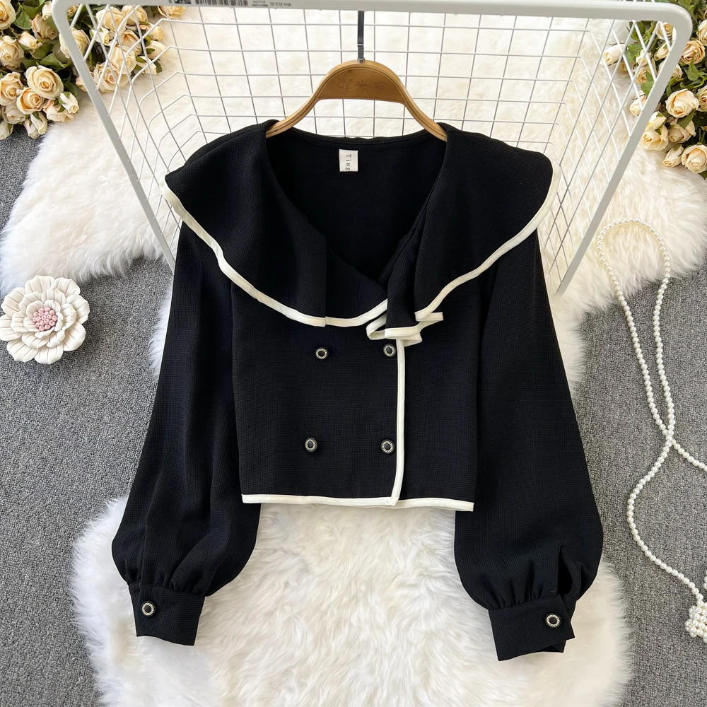 

Elegant Loose Colorblock Blouses For Women Autumn Ruffled Puff Long Sleeve Double Breasted Femme Shirts Tops French Chic Blusas
