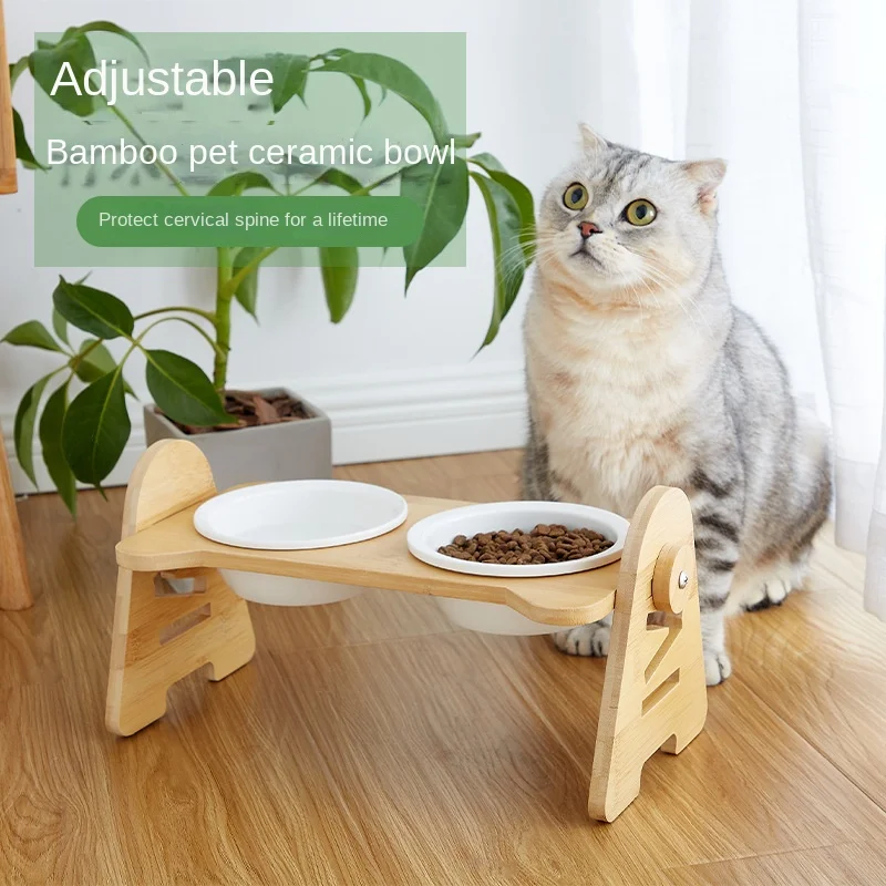 

Cat Bowl Ceramic Kawaii Double Bowl Oblique Mouth Protects Cervical Spine Cat Food Bowl Dog Bowl Adjustable Bamboo Wood Shelf
