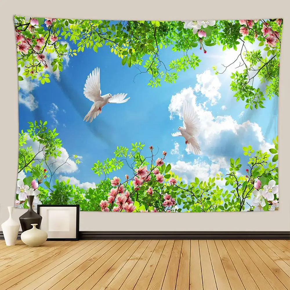 

Blue Sky White Clouds Green Leaves Tapestry 3D Romantic Cherry Print Pattern Tapestries Bedroom Living Room Dorm Wall Hanging