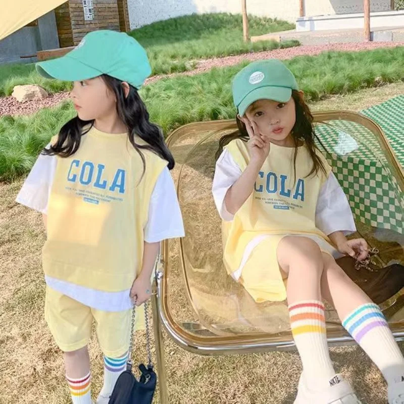 

2023 New Summer Girl Casual T-shirt Suits Korean Style Baby Youth Teenage Girls Short Sleeve Contrast Color 2Pcs Clothes Sets
