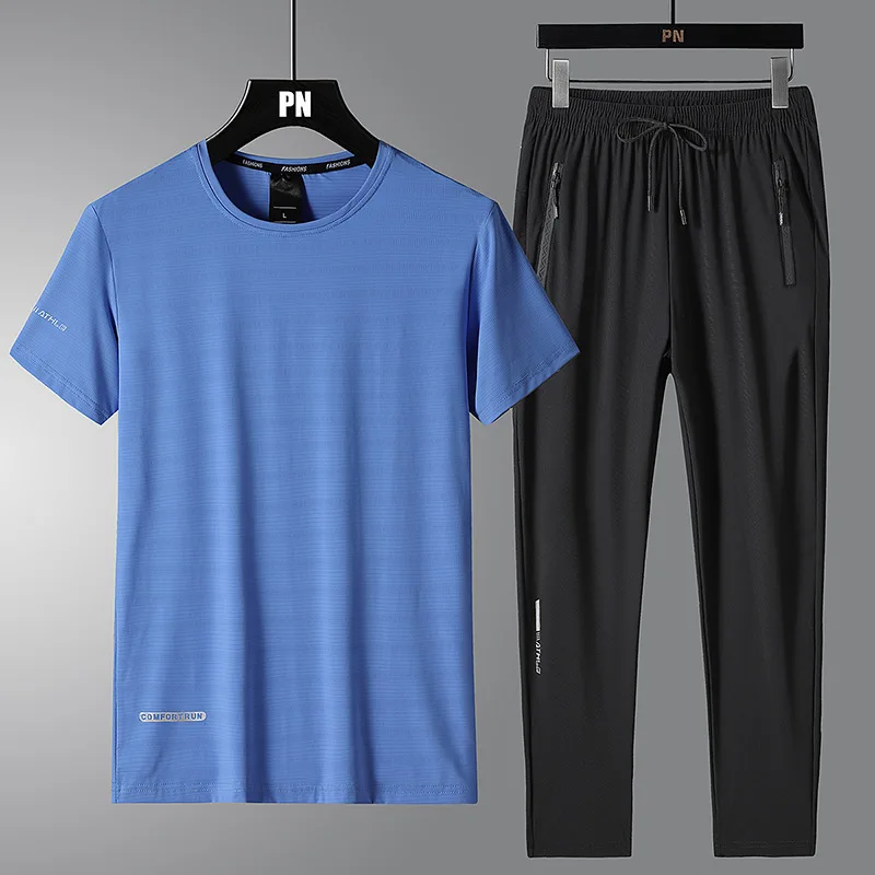 2023 Summer New Men's Silk Sports Set Solid Short Sleeve T-shirt+Sports Pants Two Piece Set for Mens Jogging and Morning Running