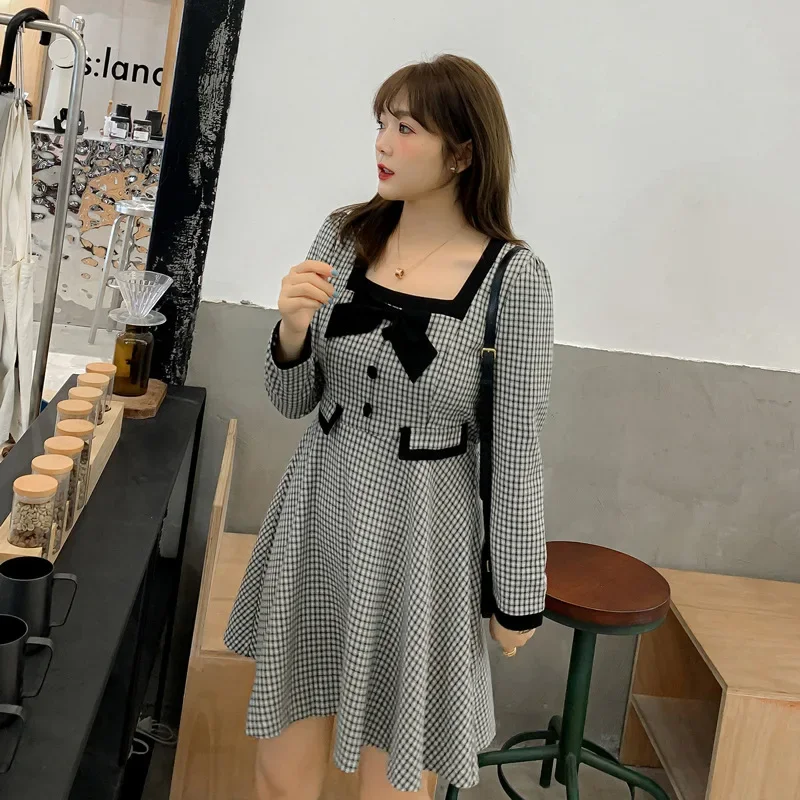 Женское клетчатое винтажное мини-платье больших размеров с высокой талией для