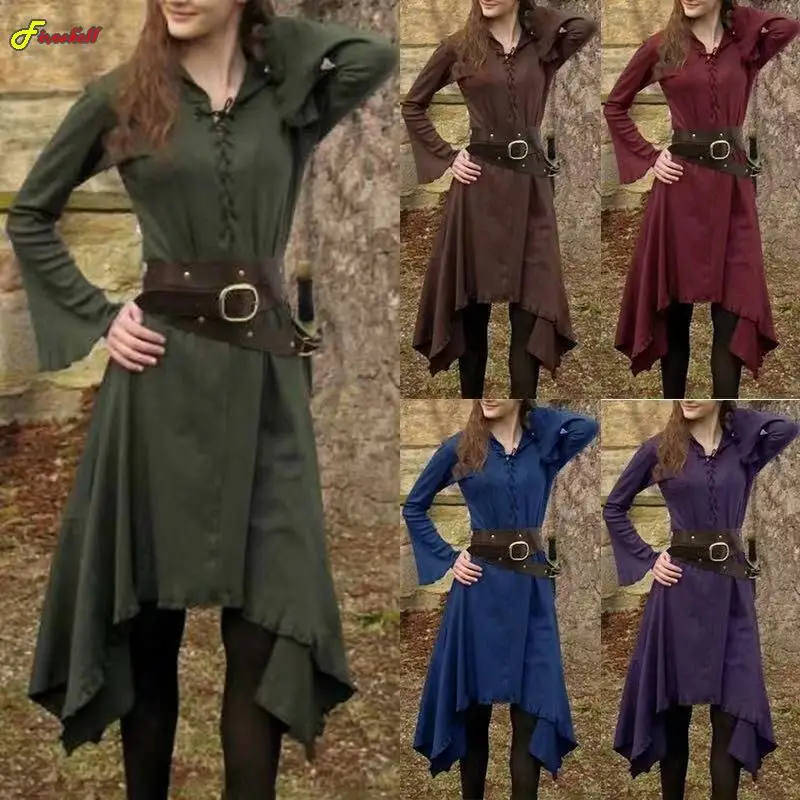 

Costume Women's Fashion Gothic Style Medieval Dress Long Sleeve Lace Up Irregular Hem Vintage Cosplay Dress Plus Size S-5XL