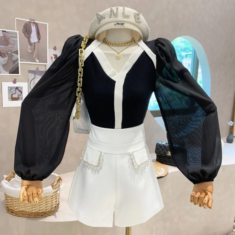 

Niche Design New Women's Clothing 2022 Spring Hit Color Chiffon Puff Sleeve Retro Long Sleeve Short T-shirt Top Blusa Feminina