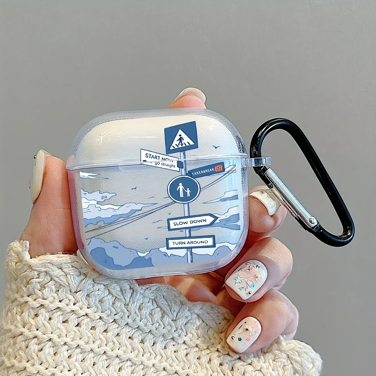 Фото Чехол для Airpods Pro/Pro2 с рисунком дорожного знака, мягкий прозрачный чехол из ТПУ с брелоком для наушников Airpods 3/4, защитный чехол для наушников №1