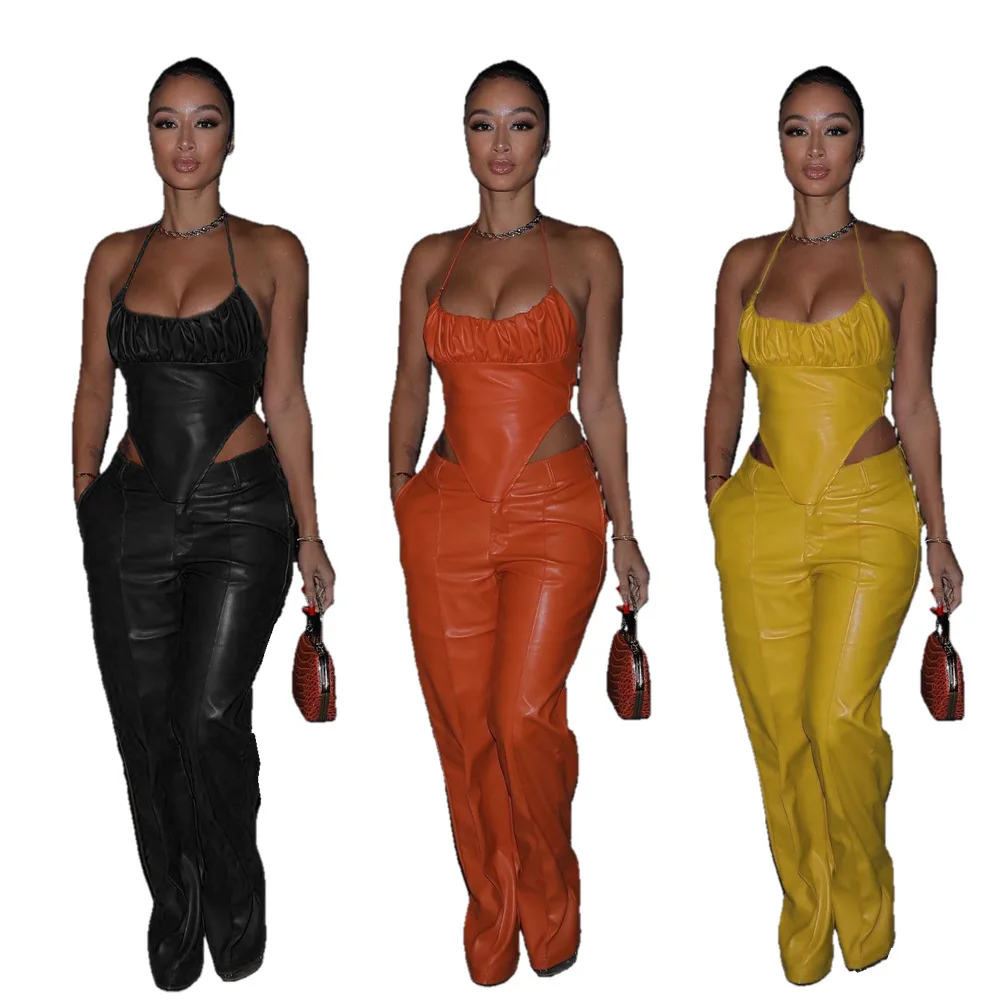 

Women's Sexy Tight PU Leather Crop Tops and Wide Leg Pants Set Solid Sling Tops Two Piece Set 2022 New Arrival Women Set Wear