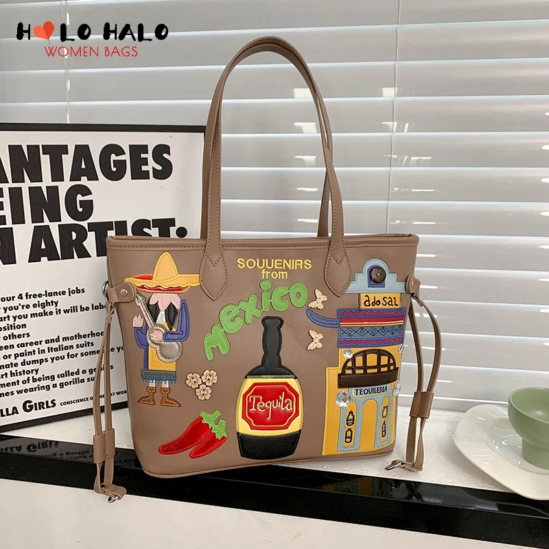 

Женская сумка-тоут с вышивкой и мультяшным рисунком Чили из Мексики, Индивидуальные Дизайнерские повседневные сумки-мессенджеры через плечо