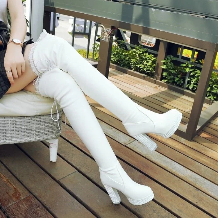 

White Knee High Boots Round Head Thick Heel High Heels Knight Boots Sweet Lace High Boots Winter Boots Women's Boots