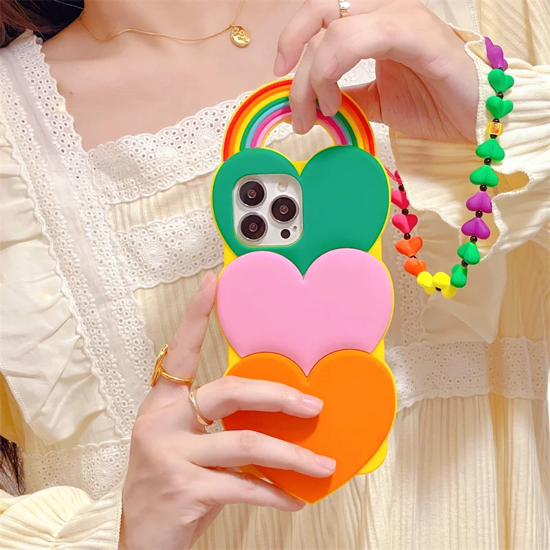 

Cute Luxury Silicone Colorful Love Heart Phone Case For Iphone 14 13 12 Pro 11 XS Max XR 7 8Plus X Soft Back Cover + Beads Chain