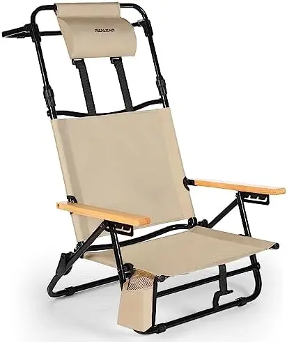 

Beach Chairs for Adults - Extendable High Back Low Profile Beach Chair with Headrest, Cooler Pouch, Cup Holder, 4-Position Lay F