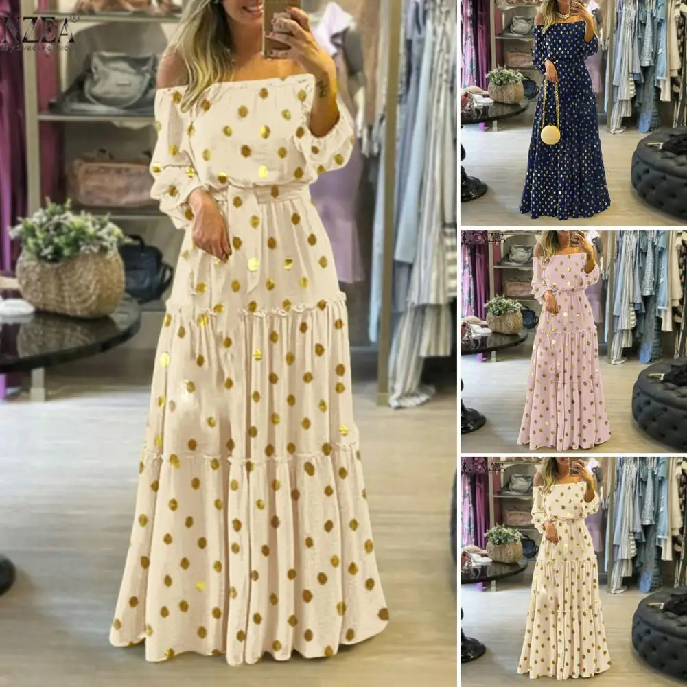 

Платье макси с высокой талией, осеннее платье без бретелек, богемное Макси-Платье с принтом в горошек