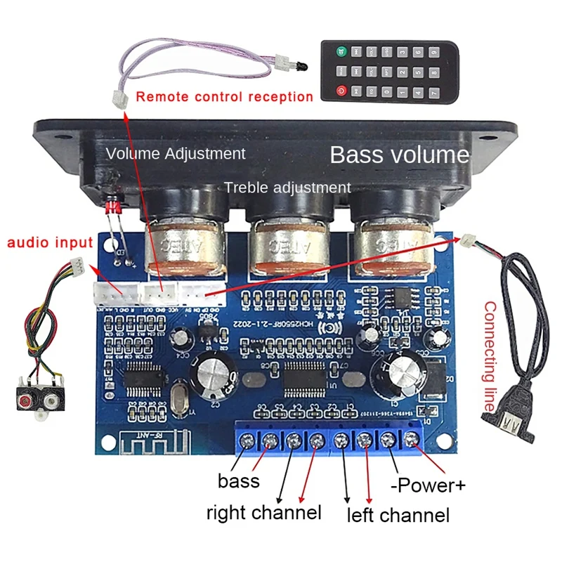 

2,1 каналов 2X25 Вт + 50 Вт BT5.0 Стандартная плата цифрового усилителя, Плата усилителя сабвуфера, линия AUX + USB кабель + дистанционное управление