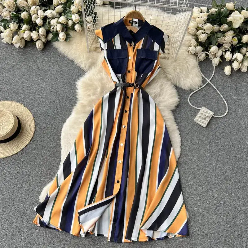 

Women Striped Print Tank Sleeve Stand Neck Chiffon Maxi Dress Denim Patchwork Button Pocket Long Shirt Dresses 2022 Summer New