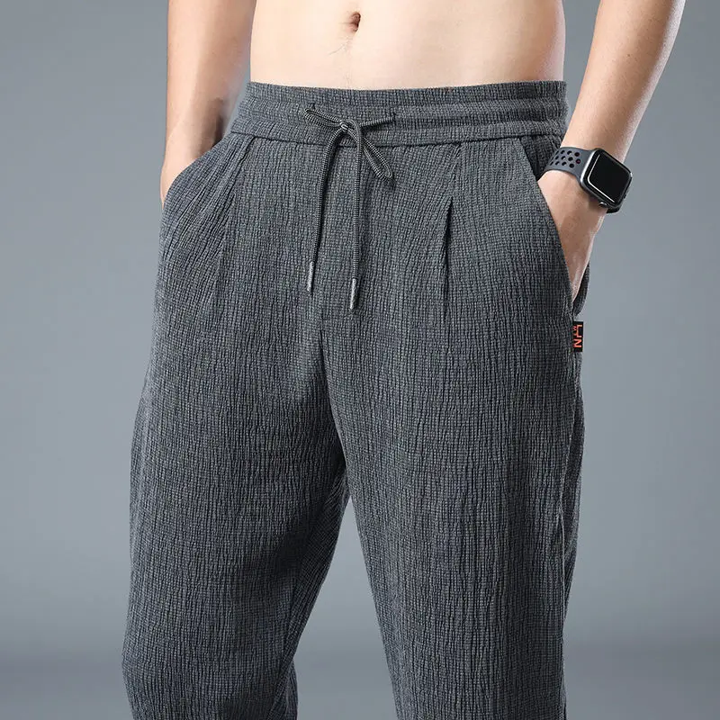 Summer Thin Elastic Casual Pants Men Solid Pleated Ice Silk Strap High Waist Drawstring Pocket Loose Straight Trousers 2023 New