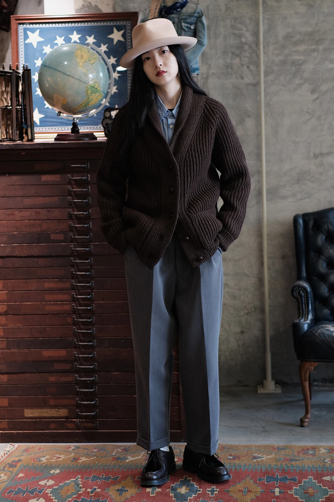 Labor Union Imported Fleece Lapel Knit cardigan Sweater Outerwear Niu Pi Mushroom Buckle Lu557