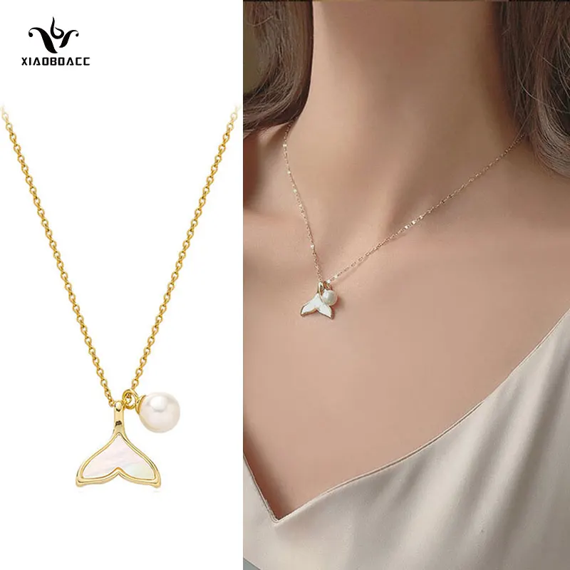 

XiaoboACC Titanium Steel Fishtail Pearl Necklace for Women Fashion Luxury Choker Pendant Chain Necklaces