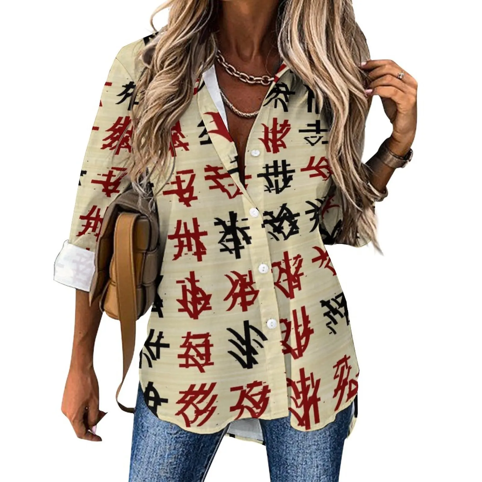 

Fun Letter Print Blouse Chinese Alphabet Kawaii Design Casual Blouses Female Loose Shirt Summer Long-Sleeve Oversized Top