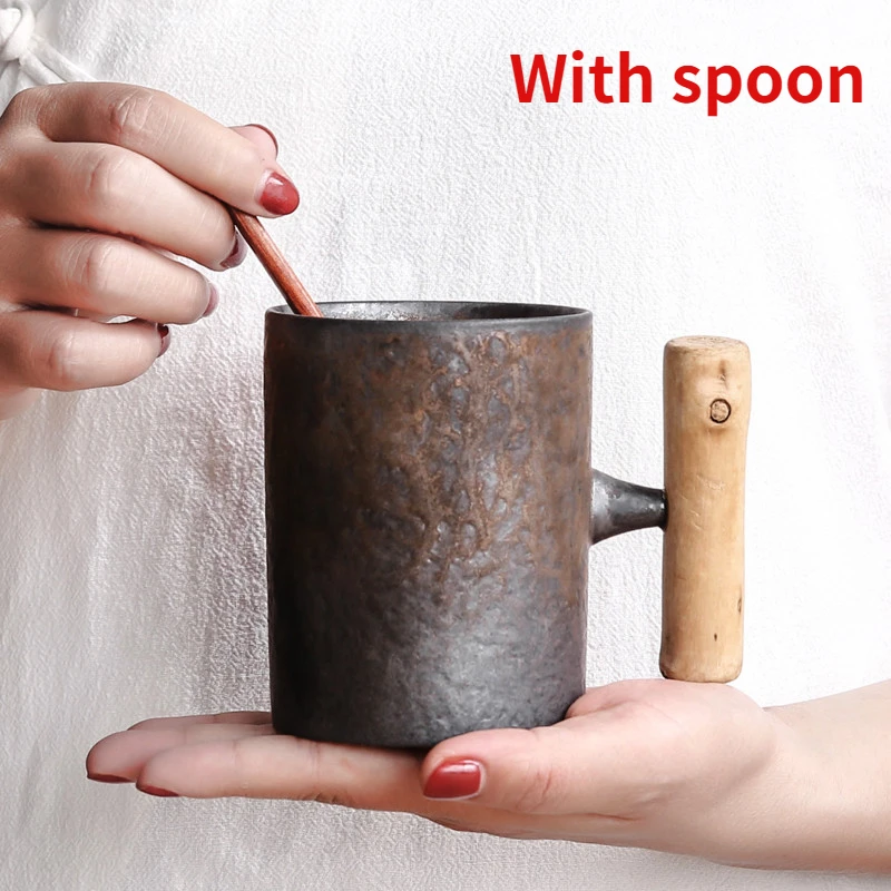 النمط الياباني خمر قدح قهوة من السيراميك بهلوان الصدأ الصقيل الشاي جعة الحليب القدح مع مقبض الخشب كوب ماء المنزل مكتب درينكوير