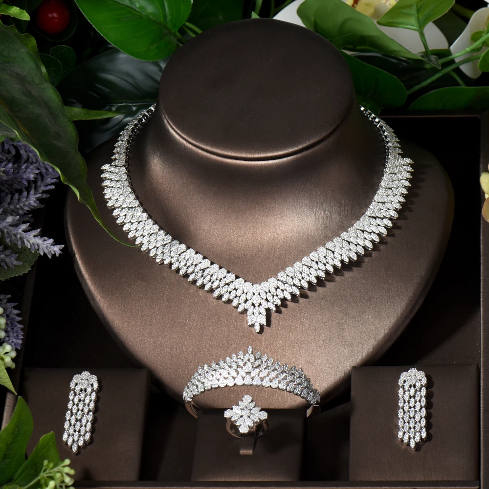 Fashion Geometric 4pcs Long Tassel Earring and Necklace Sets Cubic Zirconia Jewelry Sets for Dubai Nigeria Wedding Jewelry S-002