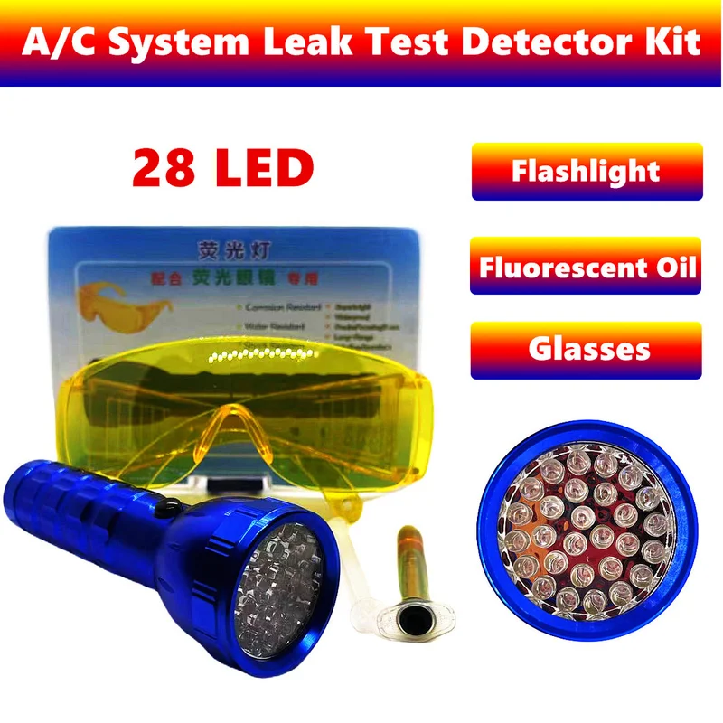 Car  Air Conditioning A/C System Leak Test Detector Kit 28 LED UV Flashlight  Glasses Fluorescent oil Tool Set