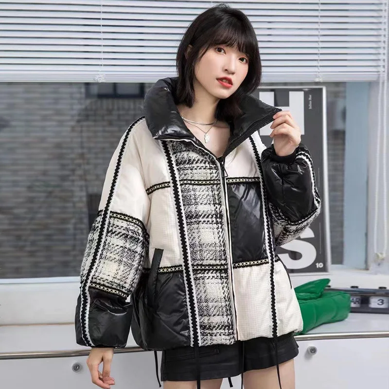 

Fashion Plaid Thick Warm Women Winter Coat Oversized Stand Collar Loose Puffer Jackets 2022 New Korean Style Female Down Parkas