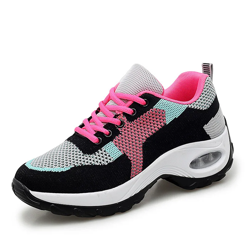 

Women Sports Shoes Flat Mesh Air Cushion Round Shape Increase Lace Running