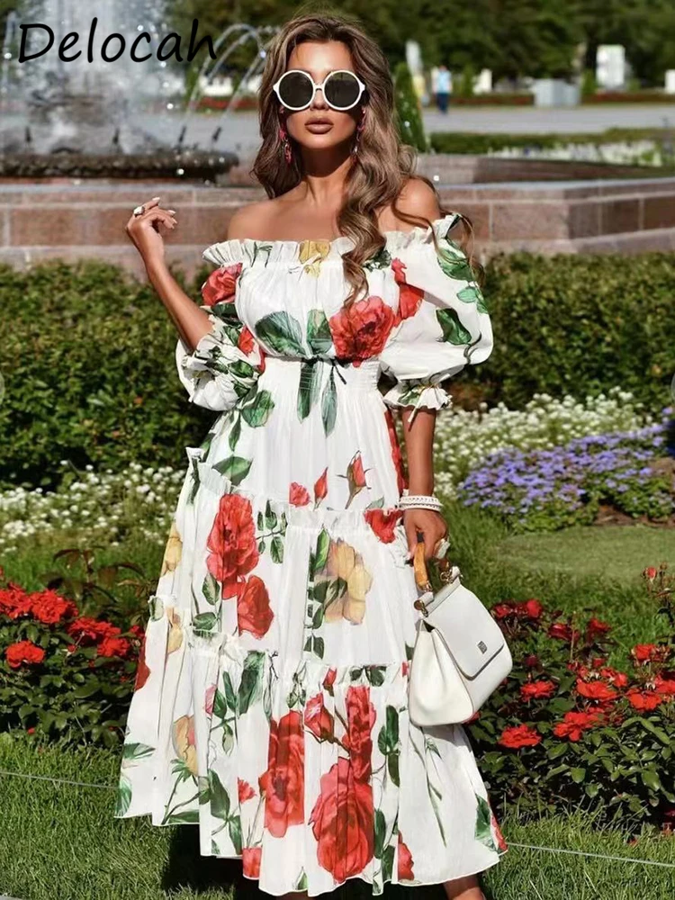 

Delocah высококачественное летнее женское модное дизайнерское праздничное длинное платье, сексуальное платье с вырезом лодочкой и эластичной...