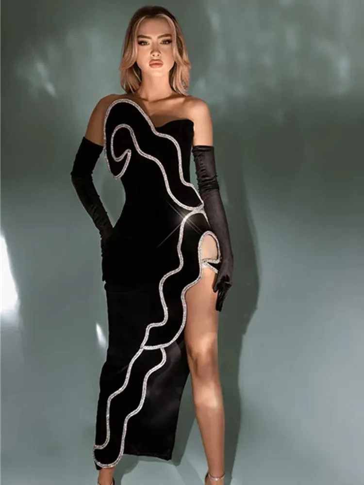 

Luxury Evening Dresses 2023 Designer Women Black Strapless Patch Design Open Leg Asymmetric Dress Birthday Celebrity Party Gowns