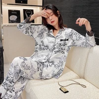 new womens pajamas ink printing ice and snow silk long sleeves lace lace trouser suits home clothes sexy lingerie sleepwear set