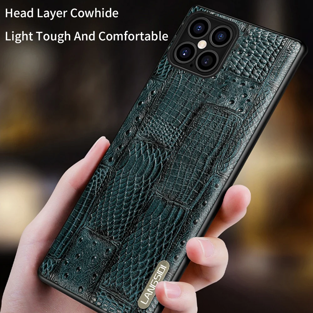 Langsidi Genuine Leather Case For Iphone 14 13 12 11 Pro Max Mini Shockproof Back Cover Fundas For Iphone Xr Xs Max Se 8 7 Plus