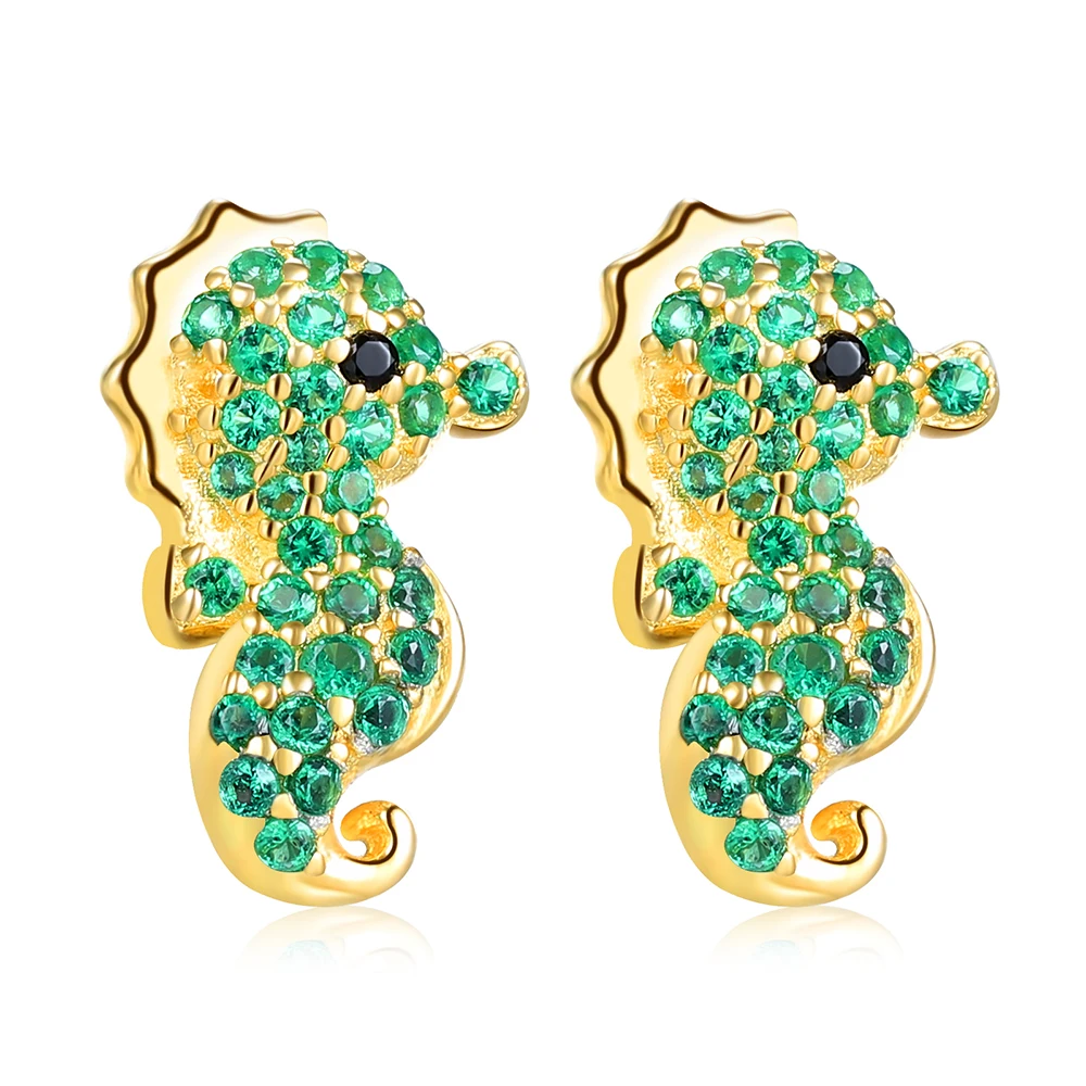 

925-Sterling-Silver Funny Animal Hippocampus Earring Cubic Zirconia Stud Earrings Jewelry for Women Girl Birthday Valentine Gift