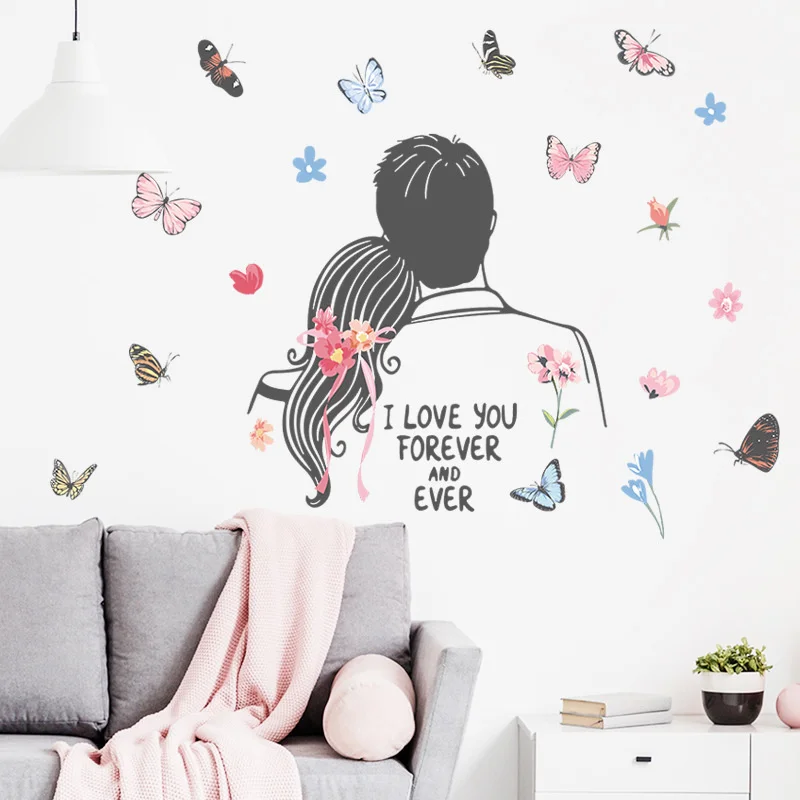 

Lovers Valentine's Day Wall Paper Cartoon Couple Background Butterfly Hot Bedroom Living Room Home Wall Decoration Wall Sticker
