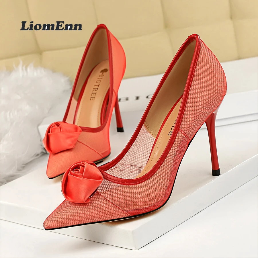 

Bow-knot Mesh Thin High Heels Pumps Women Party Wedding Shoes 2022 New Summer Ladies Sexy Elegant Red Blue Black Women Pumps