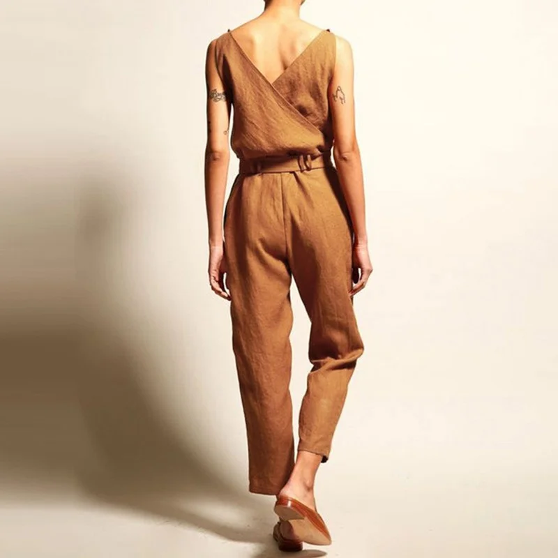 Women Fashion Sleeveless Solid Simple Beach Loose Jumpsuits Summer High Waist Mature Female New Long Jumpsuit with Belt Holiday