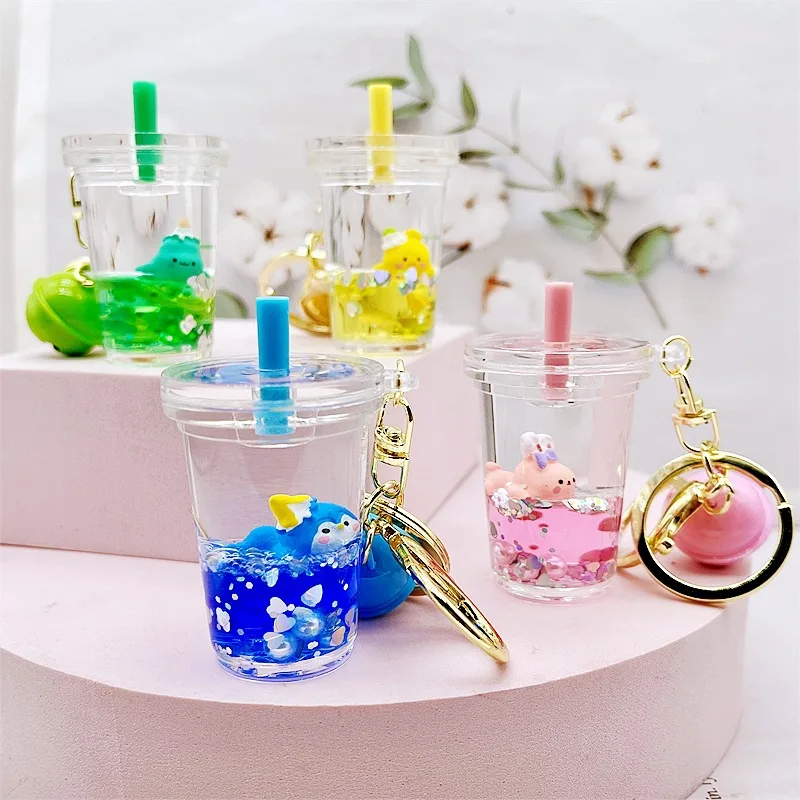

Internet Celebrity Quicksand Bottle Milky Tea Cup Oil Acrylic Keychain Pendant Creative Animal Penguin Bear Ornaments Fashion Je