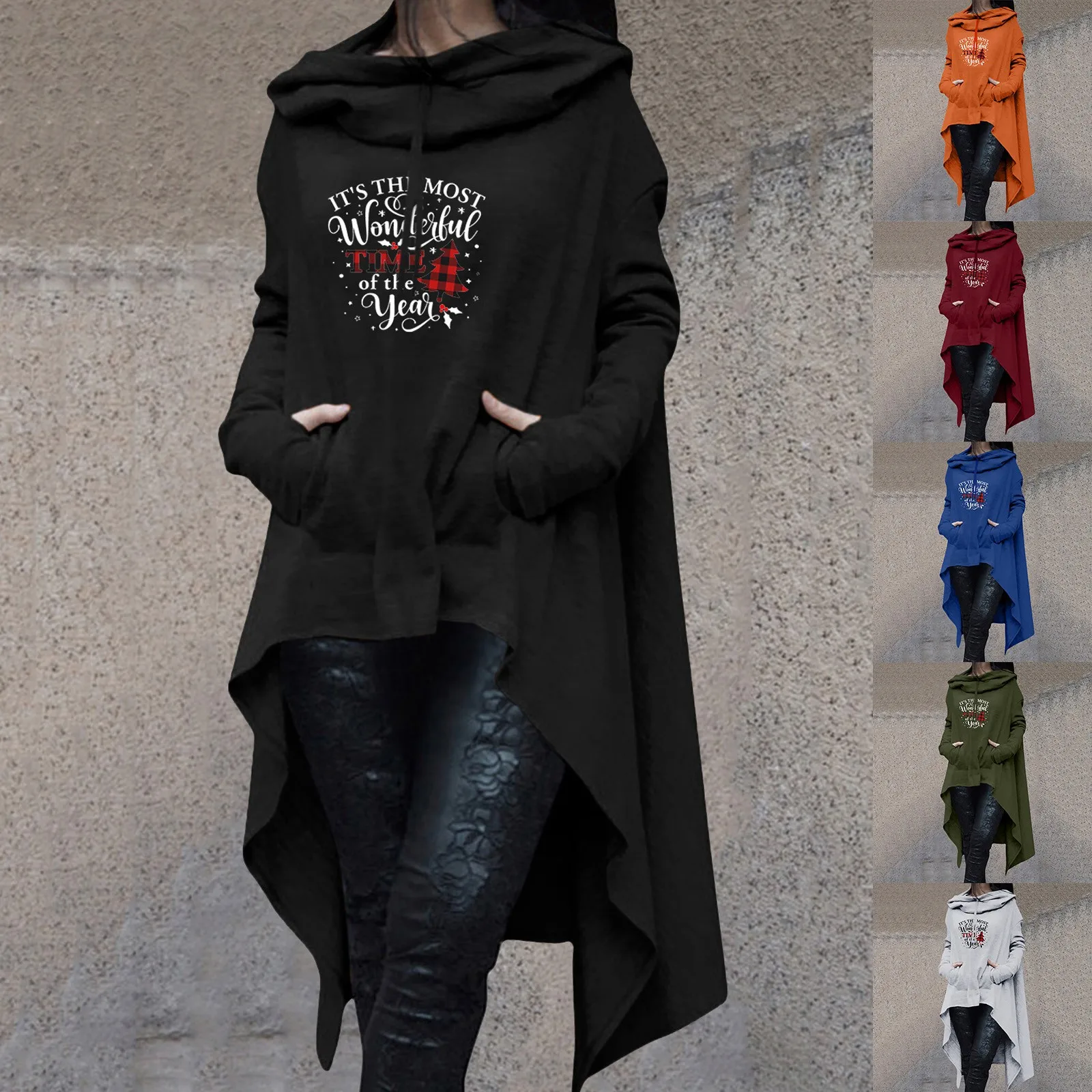 

Women Christmas Custom Letter Print Pullover Hoodies Vintage Sweatshirt Long Sleeve Irregular Hooded Long Women Sweat Shirts