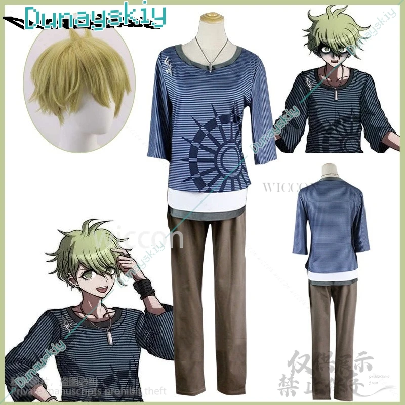 Аниме игра Danganronpaaa V3 Косплей Rantaro Amami Костюм Синий полосатый топ Коричневые брюки