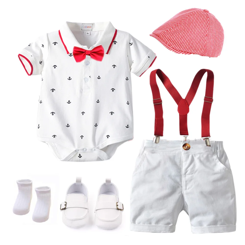 

Set Summer Newborn Clothes Cotton Boys Birthday Dress White Infant Outfit Hat + Rompers + Bib Shorts + Shoes + Socks 6 PCS 0-18M