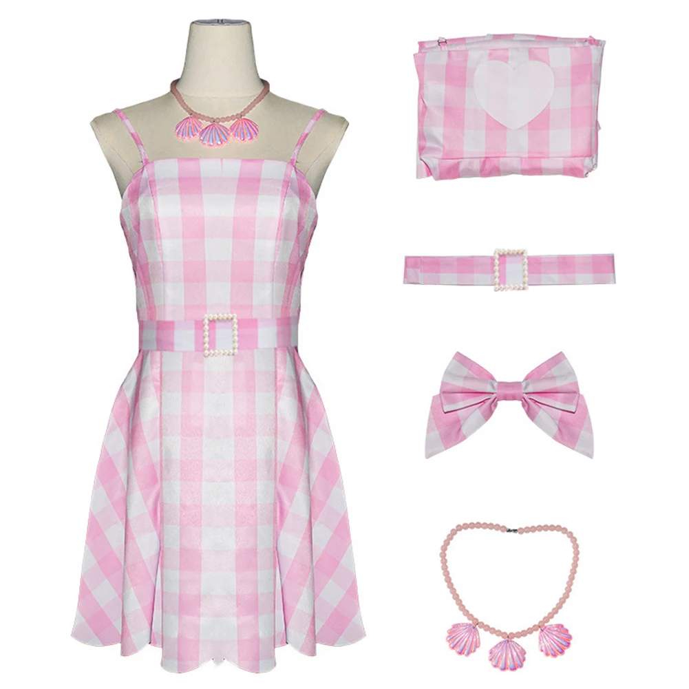 

4pcs Halloween Cosplay Dress Adjustable Strap Margot Dress Plaid Role Play Pink Dress Cute Sexy Style Best Gift Party Clothing