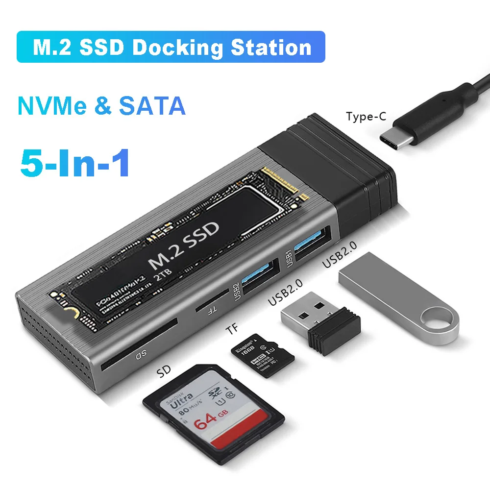 [해외] 디스크 저장 기능이 있는 USB C 허브  M.2 NVMe SATA NGFF SSD  C타입 허브 도크 스테이션  맥북 프로용 USB C 분배기  5-in-1