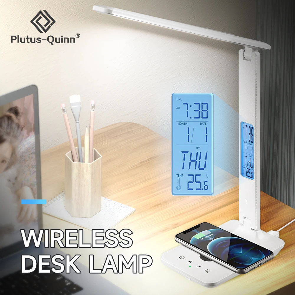 

10W QI Wireless Charging LED Desk Lamps With Calendar Temperature Alarm Clock Eye Protect Study Business Light Table Lamp