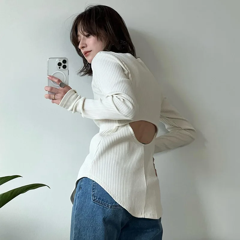 

Japan Style Open Back Design Top Slim Fit Solid Color T-Shirt Women
