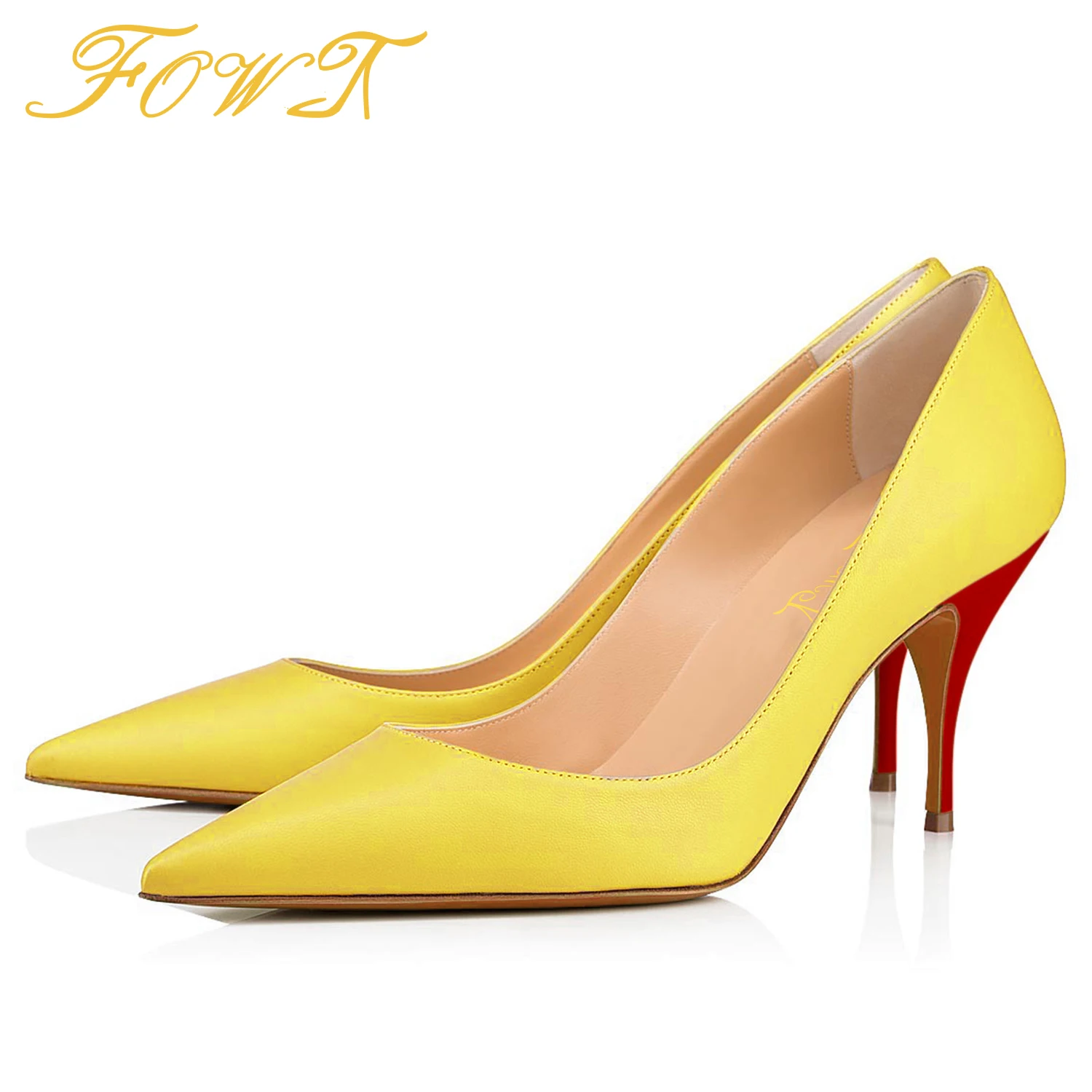 

Туфли-лодочки женские на высоком каблуке-шпильке, заостренный носок, пикантные, желтые, красные, без застежки, большие размеры 11 15, FOWT, весна-...