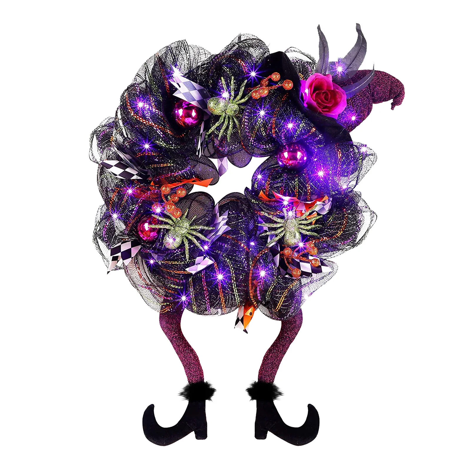 

Венок с ведьмой на ногу, Хэллоуин, украшение для входной двери, освещенный венок на переднюю дверь с шляпой ведьмы, Фиолетовый Искусственный...