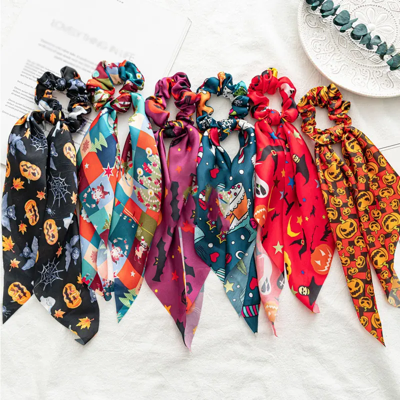 

Halloween Style Hair Scrunchies Skeleton Elastic Hair Bands Pumpkin Print Hair Rope Christmas Hair Accessories Ponytail Scarf