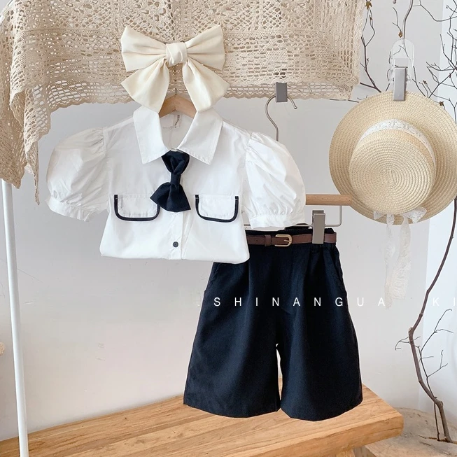 

Girls Clothes Set New Brand Kids Girl Fashion Clothing Set White Blouse Shirt and Shorts with Belt Toddler Clothes