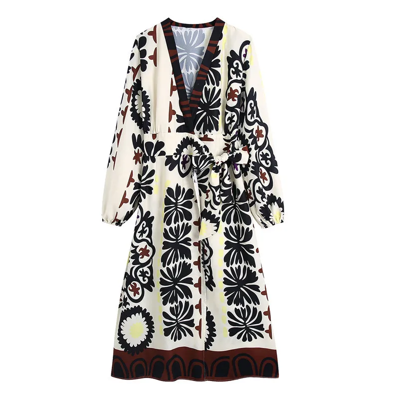 

2022 summer European and American women's fashion versatile slim V-neck printed lace up dress
